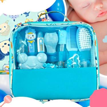 Imagem de Kit Higiene Infantil Azul Bolsa Tesoura Cortador Unhas