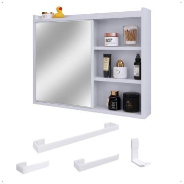 Imagem de Espelheira Armário de Banheiro 1 Porta Prateleira Espelho Kit Acessórios Lavabo 4 Peças Aço Inox Branco - RPM