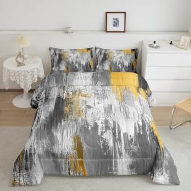 Imagem de Feelyou Conjunto de edredom de arte abstrata para crianças, meninos, meninas, tamanho Queen, cinza, dourado, gradiente, ultramacio, moderno, leve, retrô, decoração de quarto