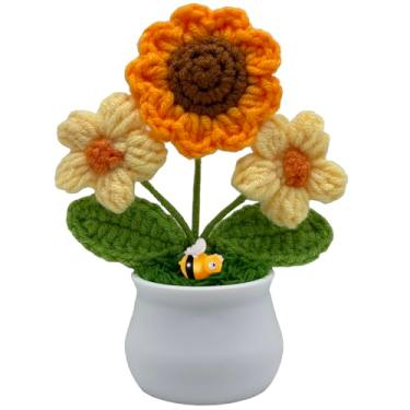 Imagem de YanKiTour Flores artificiais de girassol de crochê, decoração de mesa de plantas de pelúcia, presente de apoio emocional (flor amarela girassol com abelha)