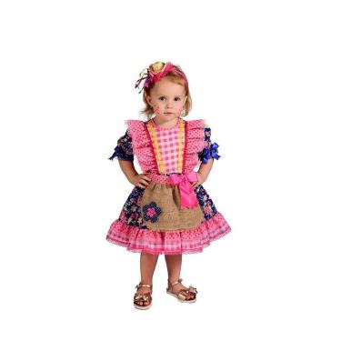 Imagem de Vestido Junino Bambolê Floral Com Avental e Tiara Azul Rosa