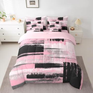 Imagem de jejeloiu Conjunto de edredom com lençol solteiro, rosa, preto e branco, design de arte abstrata, 7 peças, roupa de cama geométrica para todas as estações, respirável, macio, geométrico, decoração de