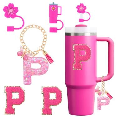 Imagem de QUNNDY Conjunto de acessórios para copo Stanley Cup 850 g 1,134 g copo com alça, incluindo tampa de cobertura de palha de silicone, pingente de alça, adesivo de iniciais fúcsia (P)