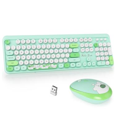 Imagem de GTSP teclado e mouse sem fio para máquina de escrever verde, teclado colorido de tamanho completo para escritório, 2,4 G, bonito teclado estético para computador, laptop, desktops de PC (verde)