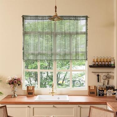 Imagem de Sutuo Home Cortinas de saia boho verde-oliva crochê renda transparente boêmia malha oca com borlas, privacidade vintage francês retrô casa de fazenda camada para cozinha quarto, bolso para varão 1