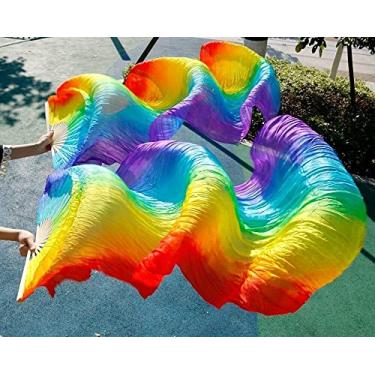 Imagem de Leque de seda de dança, fã de dança do ventre feito à mão feminino qualidade seda fã de dança do ventre véus de dança 1 par de cores arco-íris Tamanho: M 150 cm 1 par (2 peças)