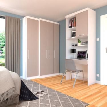 Imagem de Quarto Home Office Com Guarda Roupas E Bancada De Estudos Alpes Luciane Móveis Branco Pf Com Cinammon Pf