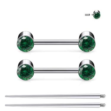Imagem de Ruifan Piercing de mamilo com rosca interna de titânio joia redonda verde CZ língua anéis de piercing de barra reta para mulheres homens 14G 14 mm com cone de piercing reto