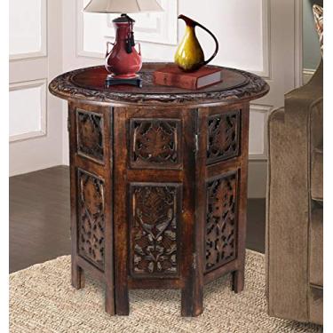 Imagem de Mesa de centro redonda de madeira – Mesa lateral pequena esculpida de 45 cm com acabamento queimado, mesa de altar de madeira, topo redondo de 45 cm x 45 cm de altura, mesa final perfeita para