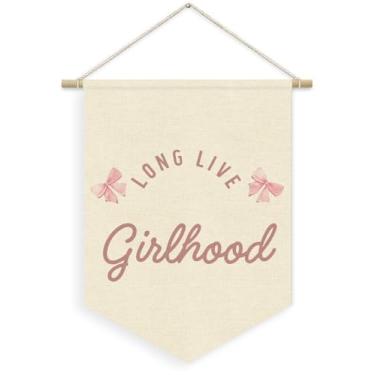 Imagem de XYDEG Decoração de quarto de meninas, faixa de lona de linho para berçário de meninas, faixa de lona de linho para pendurar na parede com laço rosa coquete para decoração de quarto de bebê, 38 x 28 cm