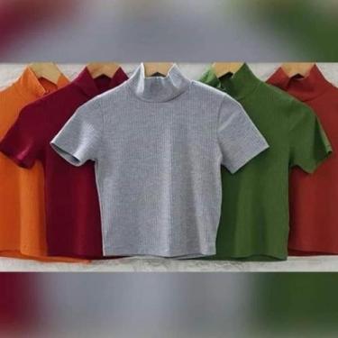 Imagem de Cropped feminino malha canelada gola alta manga curta básico - Moda fi