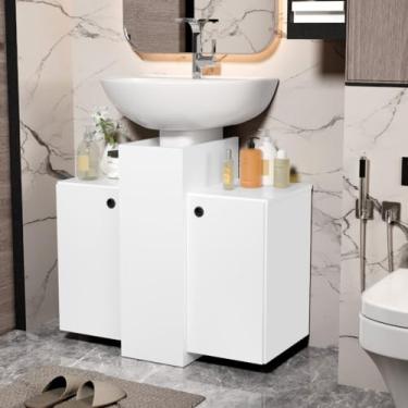 Imagem de Armário Banheiro Coluna 2 Portas À Prova D'água Prateleira Resistente À Umidade Armazenamento Pia(Branco/Ripado)