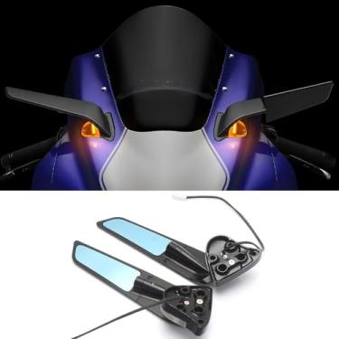 Imagem de Espelhos retrovisores de motocicleta com seta para Yamaha YZF R1 r1 M 2020-2025 Espelhos laterais rotativos ajustáveis de alumínio lentes azuis antirreflexo espelho winglet