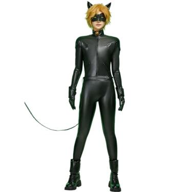 Imagem de Micotaku Unisex Miraculous Ladybug Cat Noir PU Leather Bodysuit Jumpsuit Cosplay Set with Accessories (Black, Plus Size)