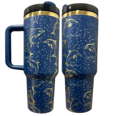 Imagem de Silva lining designing Copo de aço inoxidável veterinário para veterinário copo de 1,134 g Animal Novo copo de água Copo de animal fofo (Marinho/Dourado (25)-Golfinhos (D31))