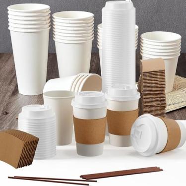 Imagem de JIUHCORY Xícaras de café 340 g - pacote com 50, copos de café descartáveis de papel com tampas para viagem quente copo isolado para barra de café/chocolate cacau e bebidas quentes/frias