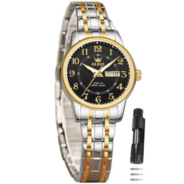 Imagem de OLEVS Relógio feminino de dois tons com vestido de data, relógios femininos para pulsos pequenos, luxuosos, relógios de leitura fácil para mulheres, à prova d'água, azul/preto/dourado/prata, relógio