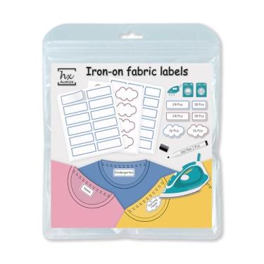 Imagem de HX AURIZE Etiquetas pré-cortadas a ferro em nome para roupas (116 peças) - Etiquetas de tecido resistente à lavanderia | Uso em casa de repouso e creche | Inclui caneta, 3 formas/tamanhos (baga e céu)