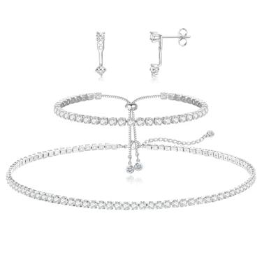 Imagem de Luxval Conjunto de colar de tênis para mulheres, pulseiras de tênis, brincos de diamante, colar de prata esterlina, joias de casamento para noivas, conjuntos de joias de prata para presente feminino