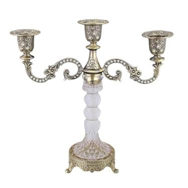 Imagem de Ｂｅｓｇａ Suporte de velas cônico de 3 braços, castiçal com design retrô, suporte para fotos, candelabro para sala de estar, decoração de casa, Bronze