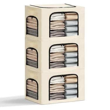 Imagem de Graciadeco Pacote com 3 caixas de armazenamento de roupas com moldura de metal, caixas de armazenamento de linho dobráveis de 40 L com tampas, organizador com janelas transparentes, zíperes e alças