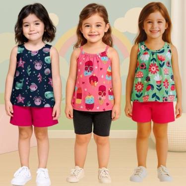 Imagem de Kit 3 Conjuntos Infantil Menina Blusa Regata e Short Kyly, 8, Kit 13