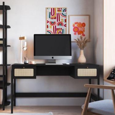 Imagem de Escrivaninha Athena 2 Gavetas 139cm Palhinha Pé Madeira Boho Móvel na 