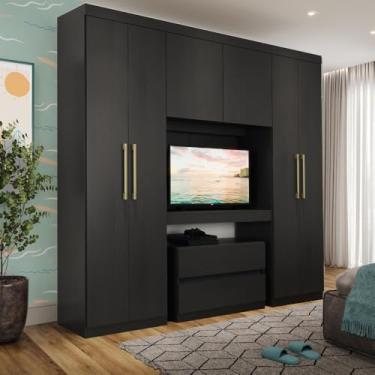 Imagem de Guarda Roupa Infantil 6 Portas 2 Gavetas Porto Preto com Painel de Tv