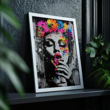 Imagem de Quadro Decorativo Mulher Taça Flores Com Moldura Arte Urbana Preto e Branco Colorido Retrato Estiloso Moderna Parede Impacto