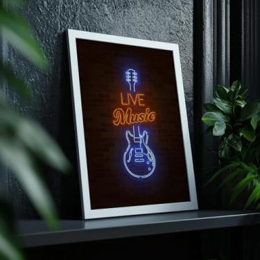 Imagem de Quadro Decorativo Live Music Com Moldura Arte Neon Guitarra Música Ao Vivo Parede Moderna Decor Rock Bar Estilo Noturno