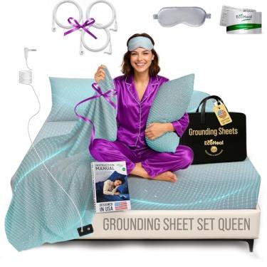 Imagem de ECOHEAL Jogo de lençol Queen com elástico cinza nuvem e lençol de cima com fronhas - 12% fibra prata, 4% seda, 84% algodão orgânico - Kit de aterramento de cama condutor para dormir melhor