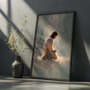 Imagem de Quadro Decorativo Jesus Ajoelhado Com Moldura Arte Religiosa Fé Cristã Oração Devocional Decoração Lar Igreja Presente