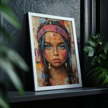 Imagem de Quadro Decorativo Menina Olhos Azuis Com Moldura Retrato Colorido Arte Urbana Expressiva Pintura Moderna Impactante Infantil