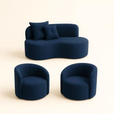 Imagem de Conjunto Decorativo 02 Poltronas + Sofá Curvo Orgânico Nature Gaia Suede Azul Marinho - Montanaris Decor