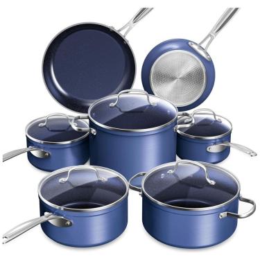 Imagem de Conjunto de Panelas Antiaderente Cerâmico Azul NuWave Healthy Duralon Resistente a Arranhões.