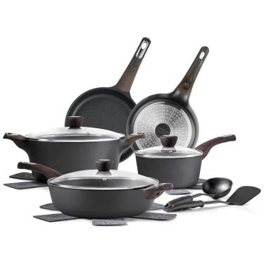 Imagem de Jogo de Panelas Antiaderente SENSARTE, Saudável e Livre de Tóxicos, 14 Peças em Alumínio, Indução, Preta Clássica