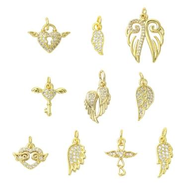 Imagem de UR URLIFEHALL 10 peças, 10 estilos, zircônia cúbica, pingente de asa de anjo, pingente de coração dourado e chaveiro para fazer joias faça você mesmo