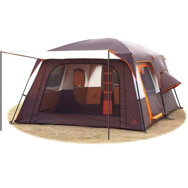 Imagem de KTT Tenda Extra Grande Para 12 Pessoas, 2 Janelas Salientes, Barraca Tipo Cabine Para Família, 14,1'L X 10'L X 6,58'A, 2 Cômodos E 3 Portas, 3 Janelas Com Tela, À Prova D'Água, Parede Reta, Barraca