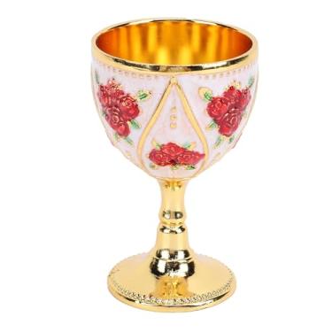Imagem de Generic Copo de Vinho de Metal Vintage, Estilo Europeu de 30 Ml de Liga de Vinhos Rose Pattern Padrão Elegante Decoração Requintada Portátil Uso Doméstico (Todo branco com flor vermelha)