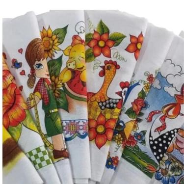 Imagem de Pano de Prato Estampado com Bainha em Viés - Kit com 10 Unidades, Tecido 100% Algodão, Super Absorvente, Resistente, Design Moderno para Cozinha e Decoração