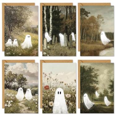 Imagem de Whaline Pacote com 36 cartões de Halloween, fantasma fofo na natureza, cartões comemorativos com envelopes, adesivos, cola, cartão de notas em branco para convites de festa, 10 x 15 cm