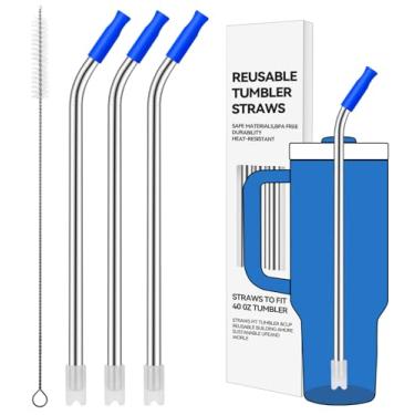 Imagem de Prurex Canudos reutilizáveis de aço inoxidável com ponta de silicone para Stanley 1,134 g, canudos de metal para copo de 1134 g, 3 tubos dobrados e 6 pontas e 1 escova Cleanr (íris)