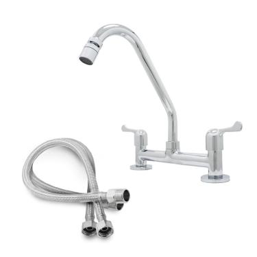 Imagem de Torneira Misturador Cozinha Metal Bancada Mesa + 2 Engates Flexíveis Malha Aço