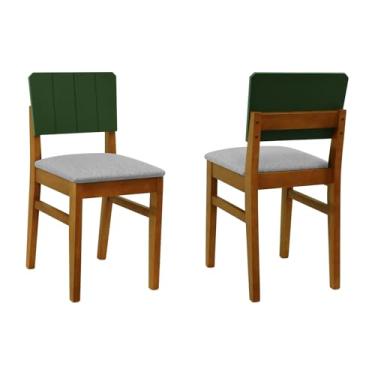 Imagem de Kit 2 Cadeiras Linhas Madeira Maciça Encosto MDF Laqueado Verde Musgo - Amêndoa - Assento Estof. Linho Cinza Mescla Impermeável