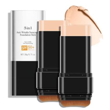 Imagem de Bastão de base antirugas 3 em 1 de luxo FPS 50+ com escova, 2 peças de base fosco hidratante não pegajoso, loção protetora solar para rosto e corpo, cor média, 3 ml