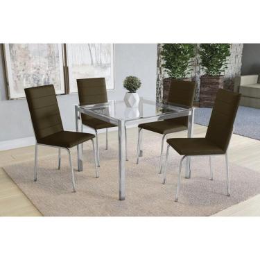 Imagem de Kit Mesa Reno C- Tampo Vidro 90cm + 4 Cadeiras Amsterdã Cromado Courano Marrom