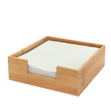 Imagem de Suporte de guardanapo de bambu para mesa, cesta plana de guardanapo de madeira de 19 cm x 19 cm para cozinha, porta-guardanapos de papel de fazenda, dispensador de guardanapo de coquetel rústico para