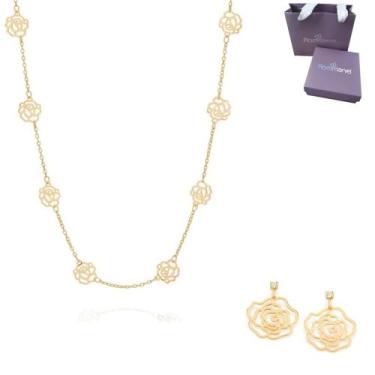Imagem de Conjunto Colar E Brinco Rommanel Rosas Vazadas Banhado Ouro 18k