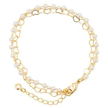 Imagem de Pulseira Dupla Corações e Perolas Semi Joias Banhado Ouro 18K - Stella