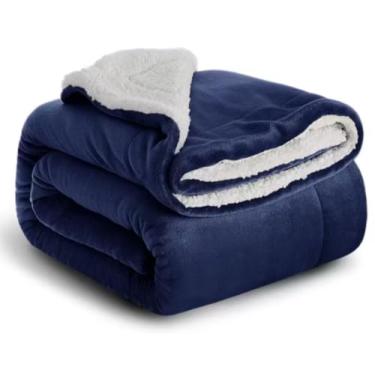 Imagem de Cobertor Sherpa Dupla Face, Azul Marinho e Branco, Macio e Quente
